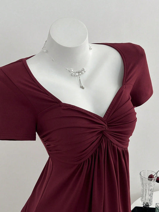 Elamini Casual Versatile Twist Knot V-Neck Short Sleeve T-Shirt For Women, Available In All Seasons Red Burgundy