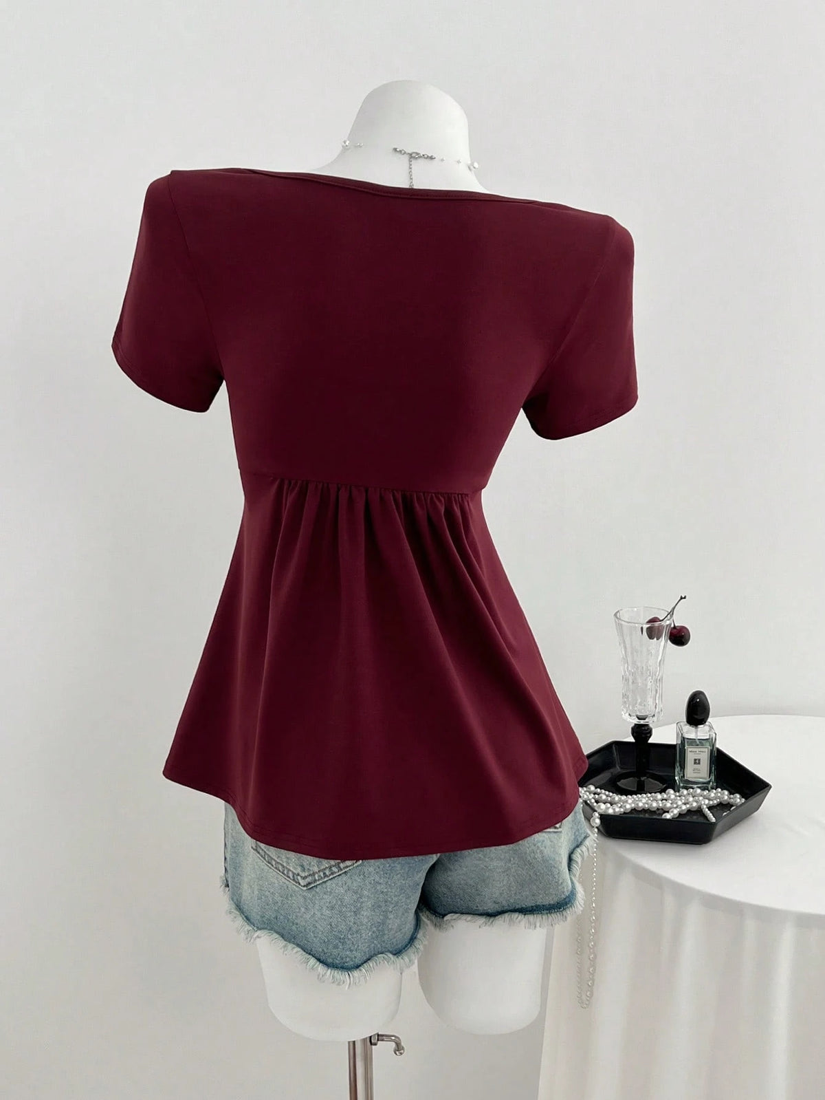 Elamini Casual Versatile Twist Knot V-Neck Short Sleeve T-Shirt For Women, Available In All Seasons Red Burgundy
