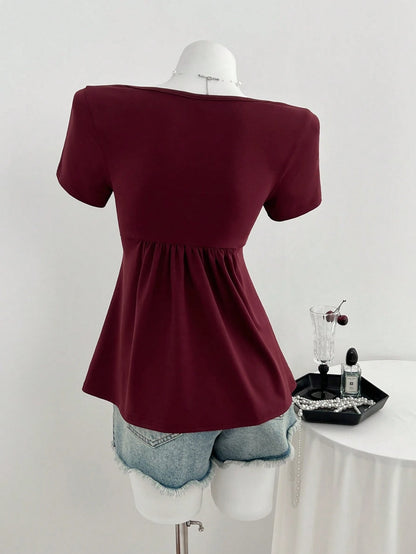 Elamini Casual Versatile Twist Knot V-Neck Short Sleeve T-Shirt For Women, Available In All Seasons Red Burgundy