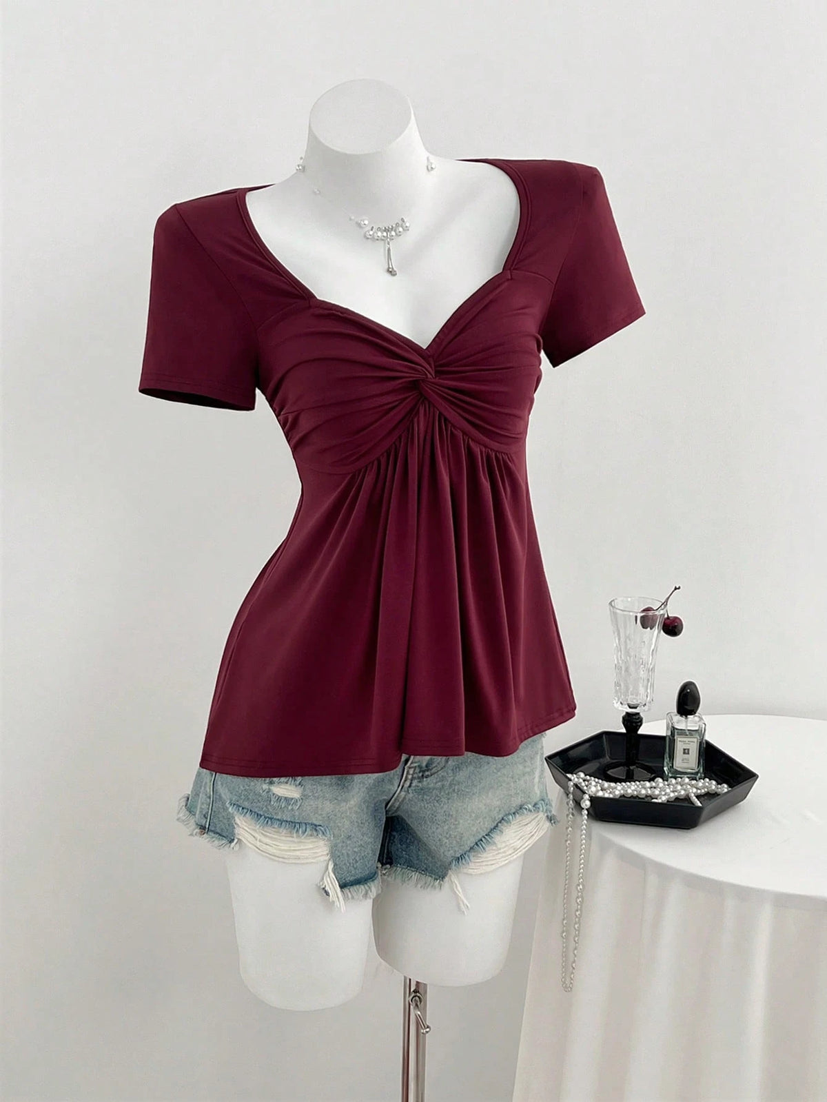 Elamini Casual Versatile Twist Knot V-Neck Short Sleeve T-Shirt For Women, Available In All Seasons Red Burgundy