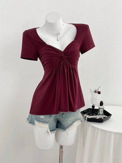 Elamini Casual Versatile Twist Knot V-Neck Short Sleeve T-Shirt For Women, Available In All Seasons Red Burgundy