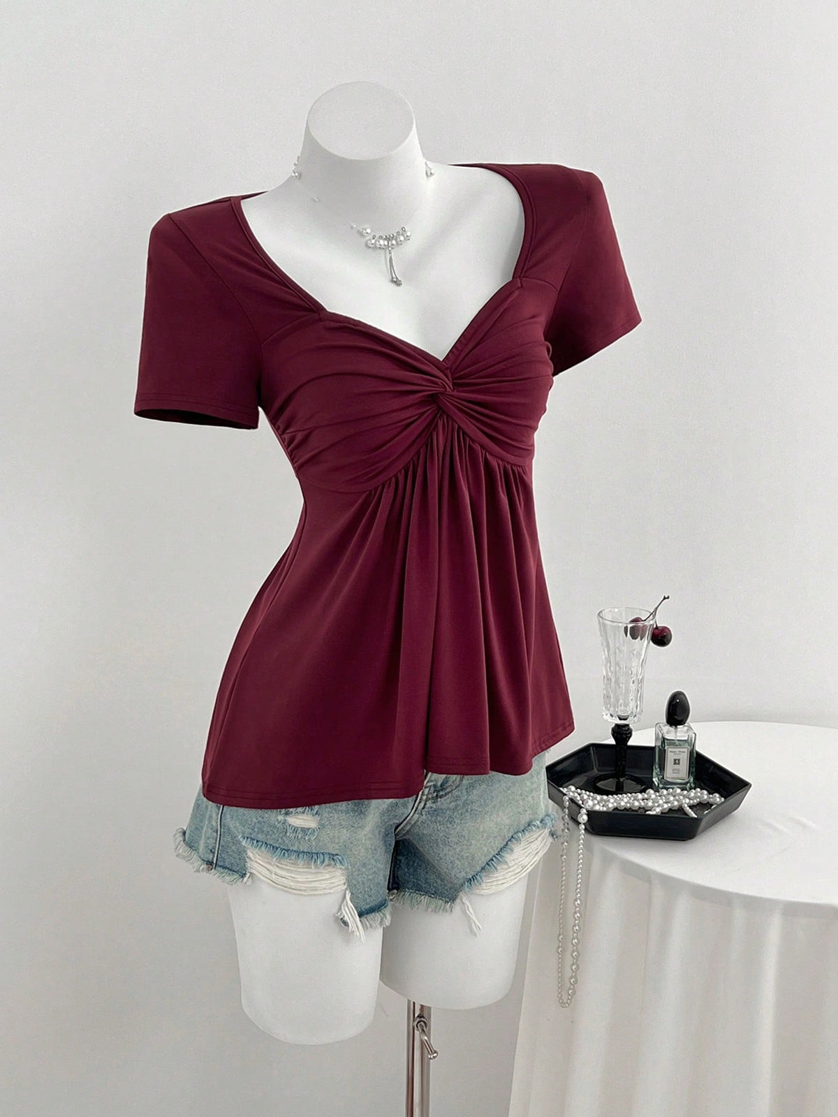 Elamini Casual Versatile Twist Knot V-Neck Short Sleeve T-Shirt For Women, Available In All Seasons Red Burgundy