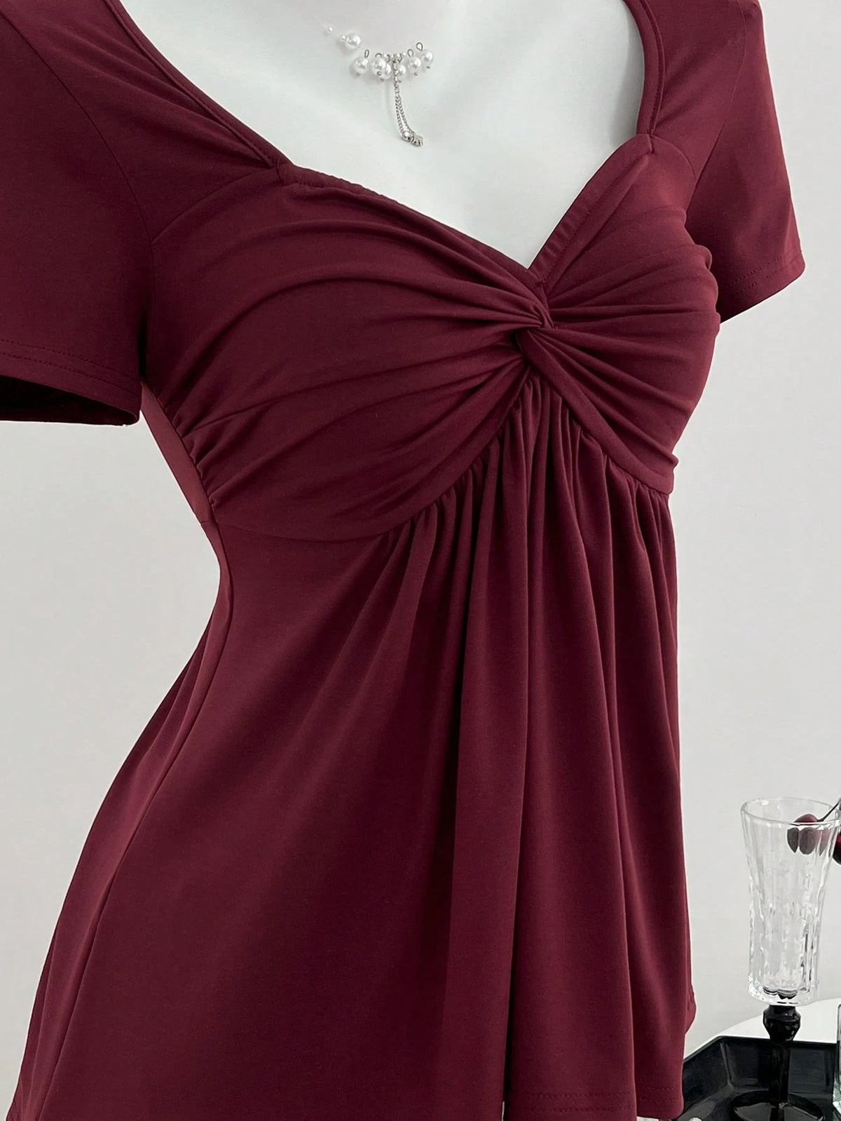 Elamini Casual Versatile Twist Knot V-Neck Short Sleeve T-Shirt For Women, Available In All Seasons Red Burgundy