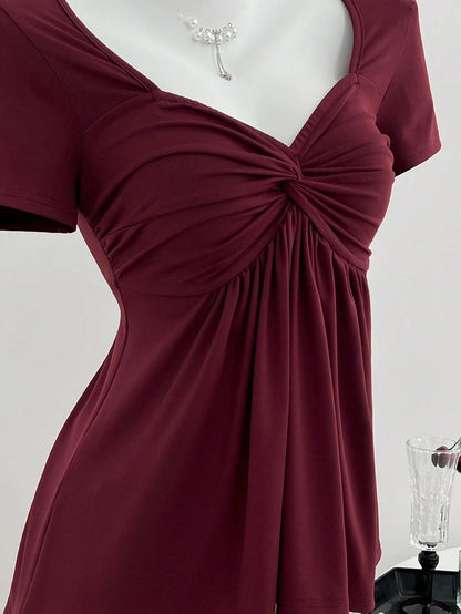 Elamini Casual Versatile Twist Knot V-Neck Short Sleeve T-Shirt For Women, Available In All Seasons Red Burgundy