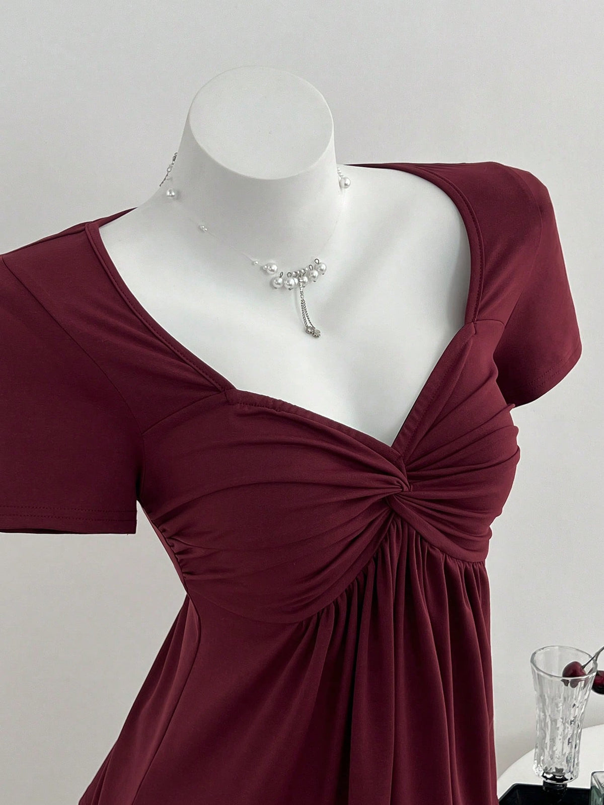 Elamini Casual Versatile Twist Knot V-Neck Short Sleeve T-Shirt For Women, Available In All Seasons Red Burgundy