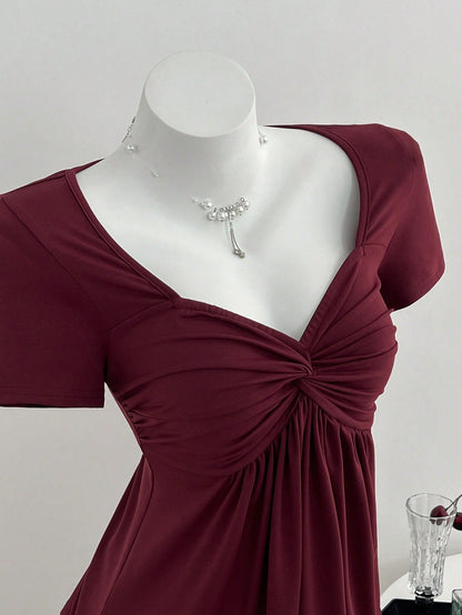 Elamini Casual Versatile Twist Knot V-Neck Short Sleeve T-Shirt For Women, Available In All Seasons Red Burgundy