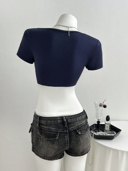 Elamini Women's Contrast Color 2 In 1 Short Sleeve Casual T-Shirt