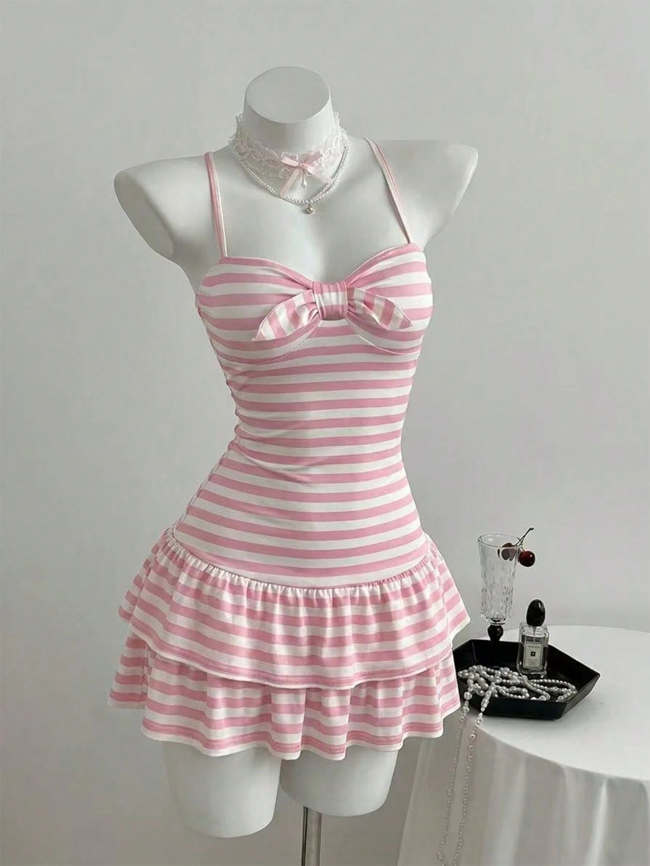 Elamini Women's Summer Minimalist Sexy Pink Striped Casual Minimalist Halter Neck Tie-Up Mini Dress