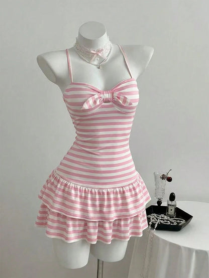 Elamini Women's Summer Minimalist Sexy Pink Striped Casual Minimalist Halter Neck Tie-Up Mini Dress