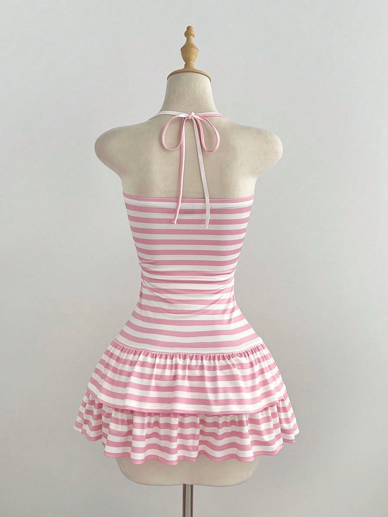 Elamini Women's Summer Minimalist Sexy Pink Striped Casual Minimalist Halter Neck Tie-Up Mini Dress