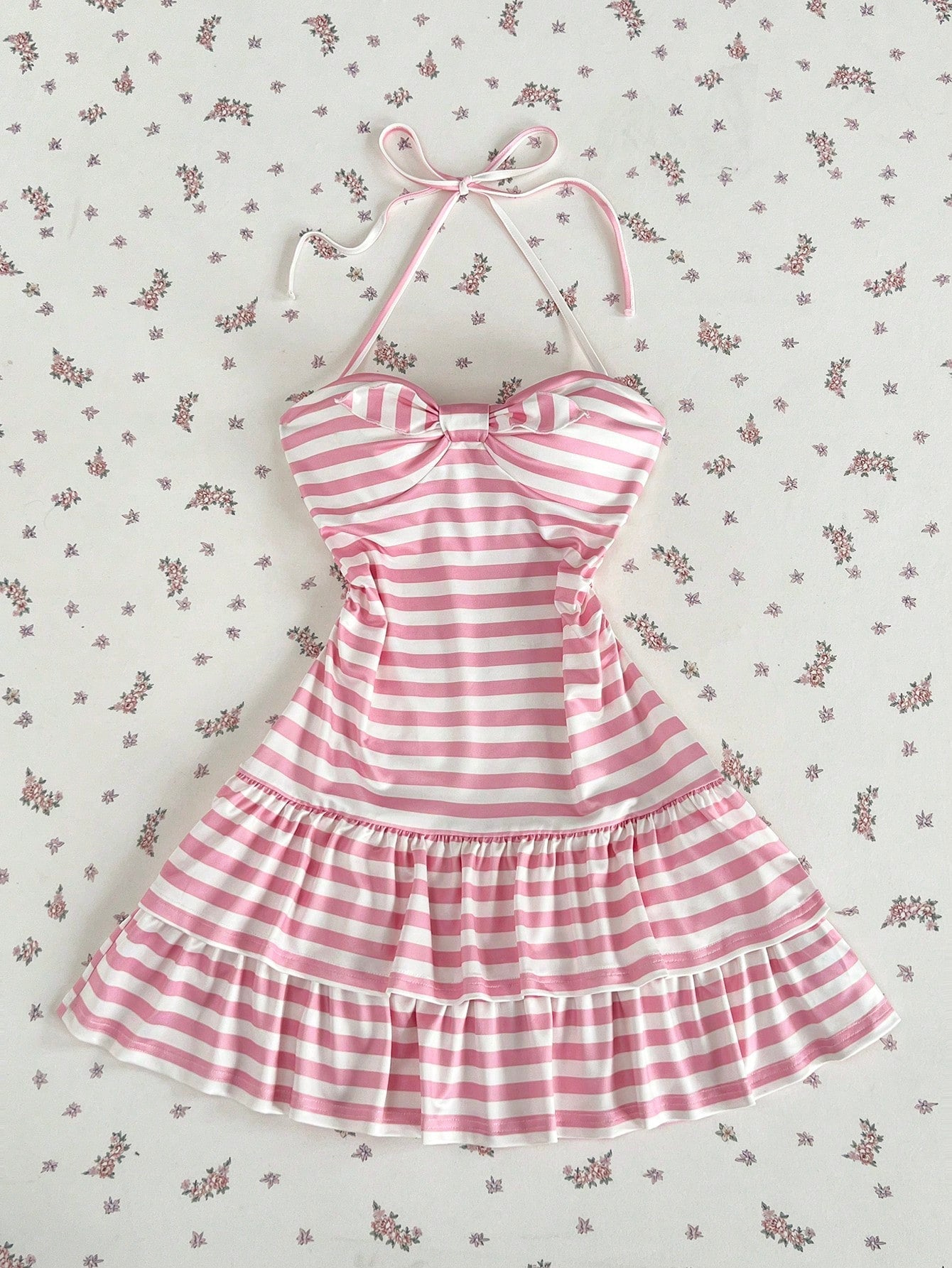 Elamini Women's Summer Minimalist Sexy Pink Striped Casual Minimalist Halter Neck Tie-Up Mini Dress