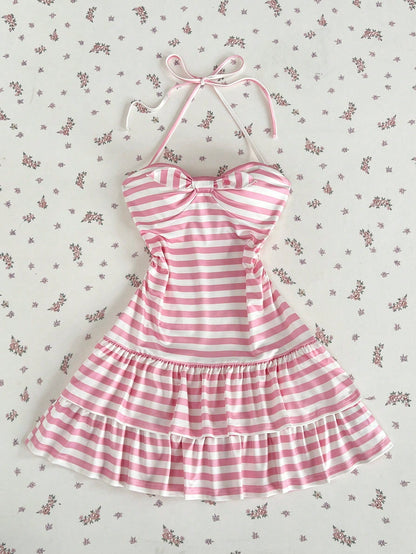 Elamini Women's Summer Minimalist Sexy Pink Striped Casual Minimalist Halter Neck Tie-Up Mini Dress