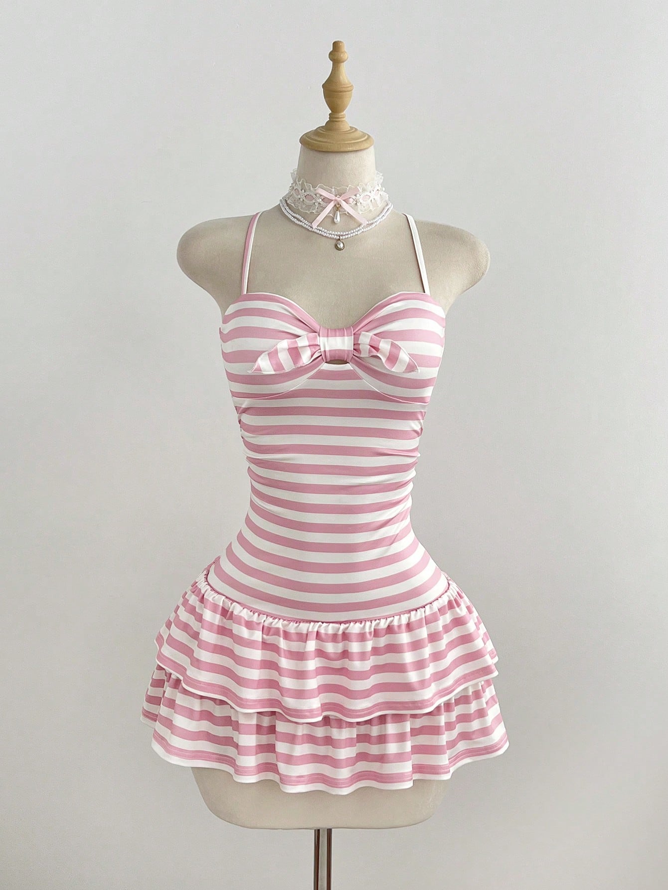Elamini Women's Summer Minimalist Sexy Pink Striped Casual Minimalist Halter Neck Tie-Up Mini Dress