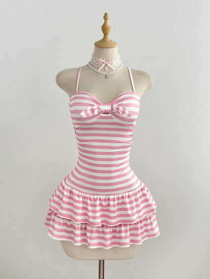 Elamini Women's Summer Minimalist Sexy Pink Striped Casual Minimalist Halter Neck Tie-Up Mini Dress