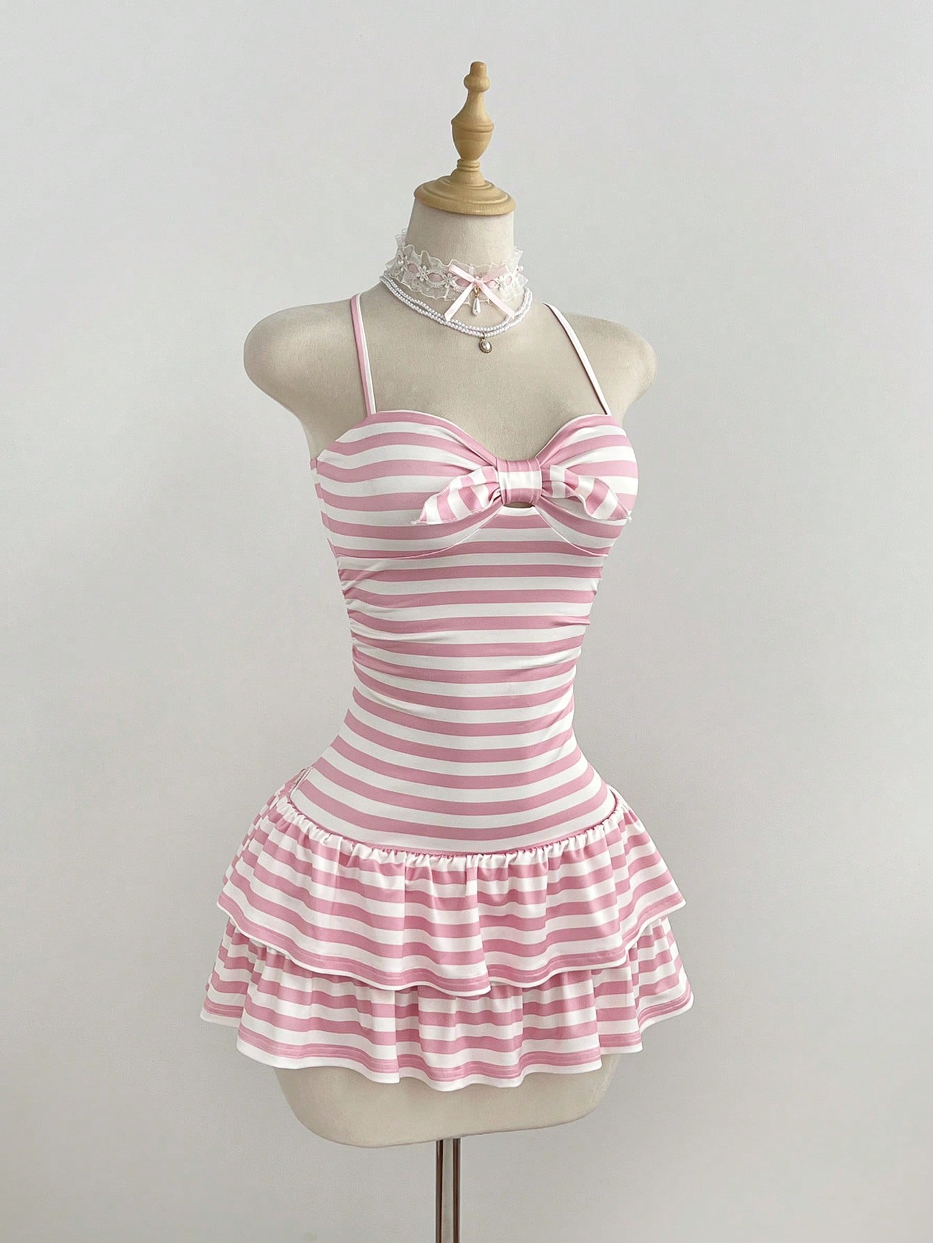 Elamini Women's Summer Minimalist Sexy Pink Striped Casual Minimalist Halter Neck Tie-Up Mini Dress