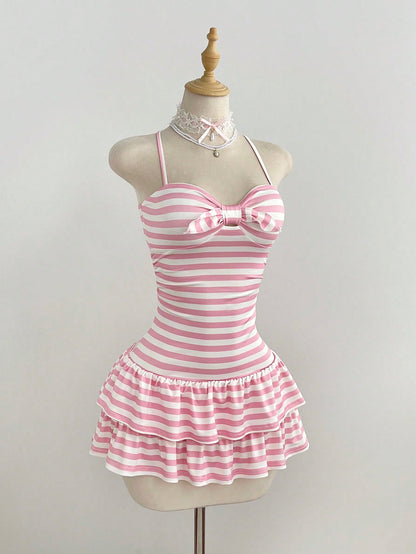 Elamini Women's Summer Minimalist Sexy Pink Striped Casual Minimalist Halter Neck Tie-Up Mini Dress