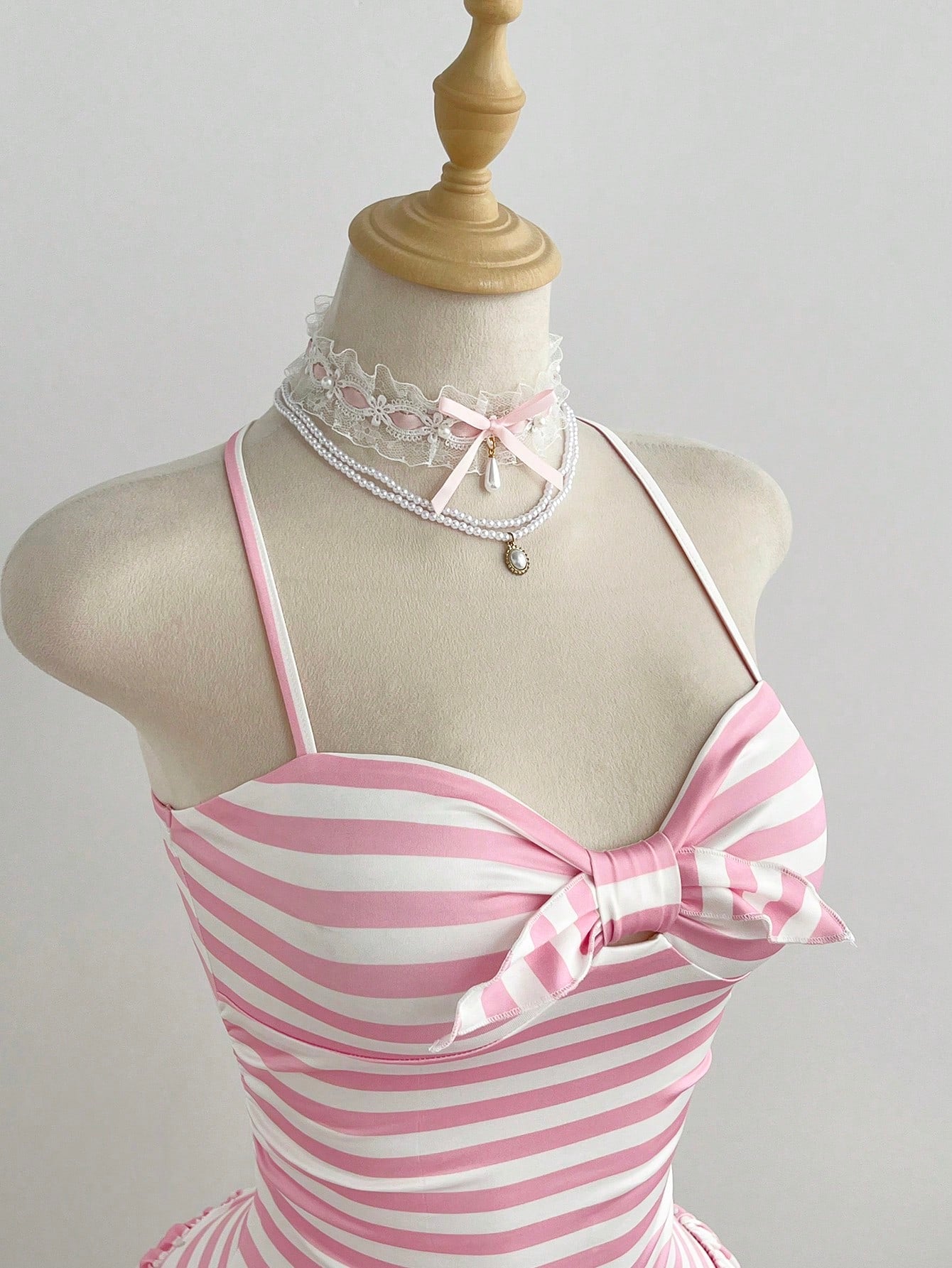 Elamini Women's Summer Minimalist Sexy Pink Striped Casual Minimalist Halter Neck Tie-Up Mini Dress