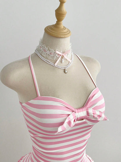 Elamini Women's Summer Minimalist Sexy Pink Striped Casual Minimalist Halter Neck Tie-Up Mini Dress