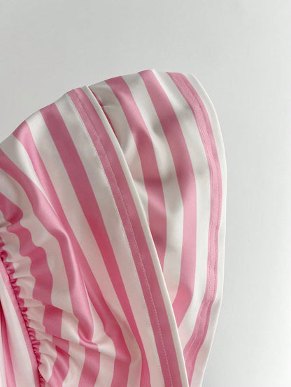Elamini Women's Summer Minimalist Sexy Pink Striped Casual Minimalist Halter Neck Tie-Up Mini Dress
