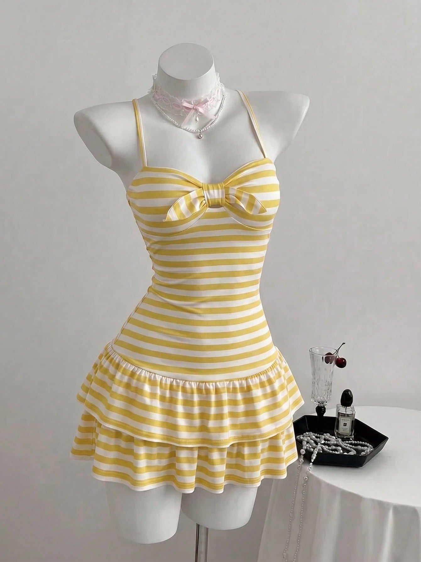 Elamini Women's Summer Minimalist Sexy Pink Striped Casual Minimalist Halter Neck Tie-Up Mini Dress