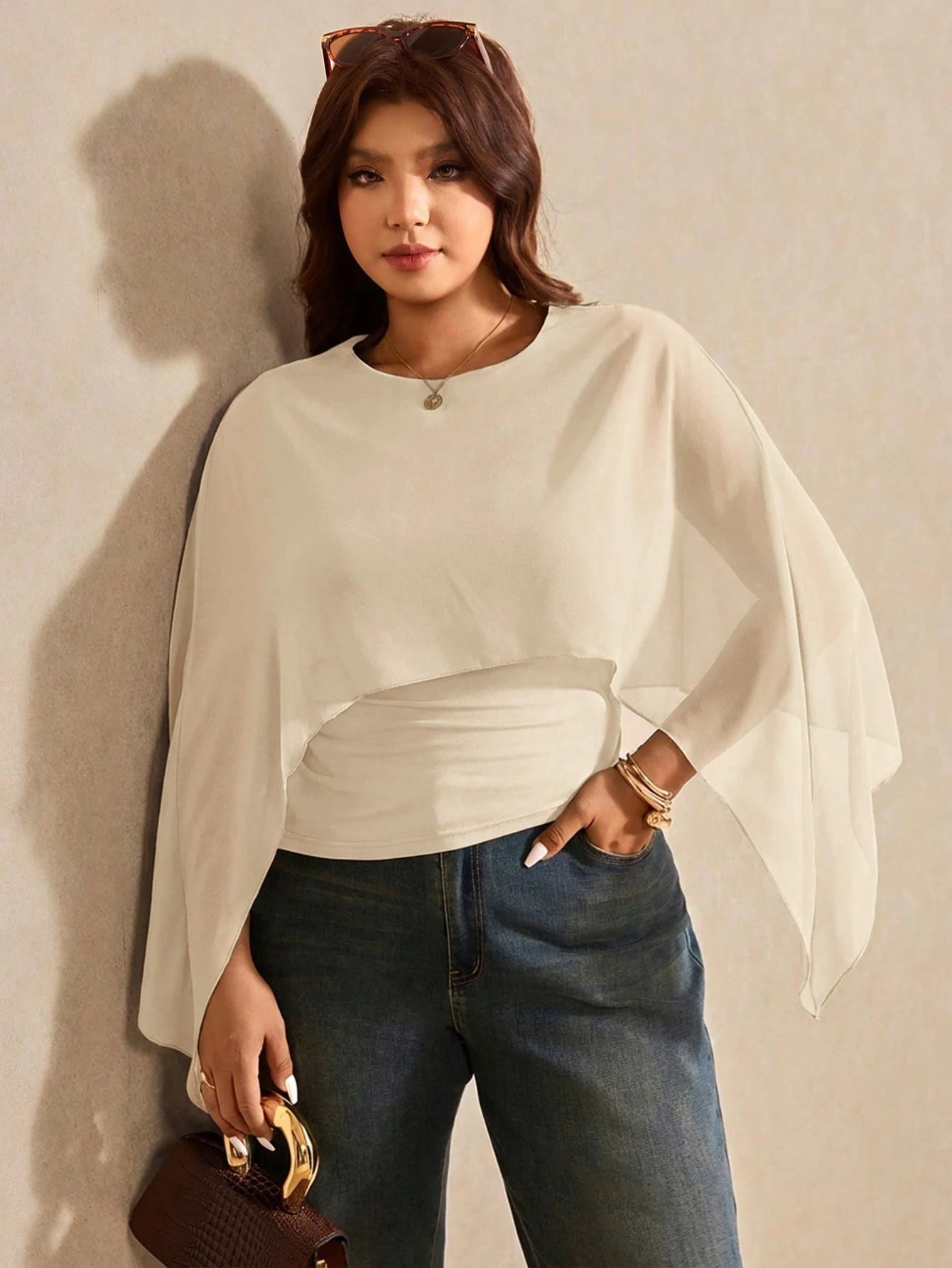 Elaquor Plus Size Women's Elegant Batwing Sleeve Top, Summer For Work, Casual, Daily Commuting Fall/Winter New Year's Top