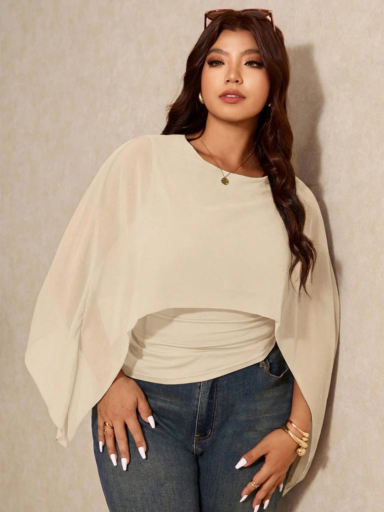 Elaquor Plus Size Women's Elegant Batwing Sleeve Top, Summer For Work, Casual, Daily Commuting Fall/Winter New Year's Top
