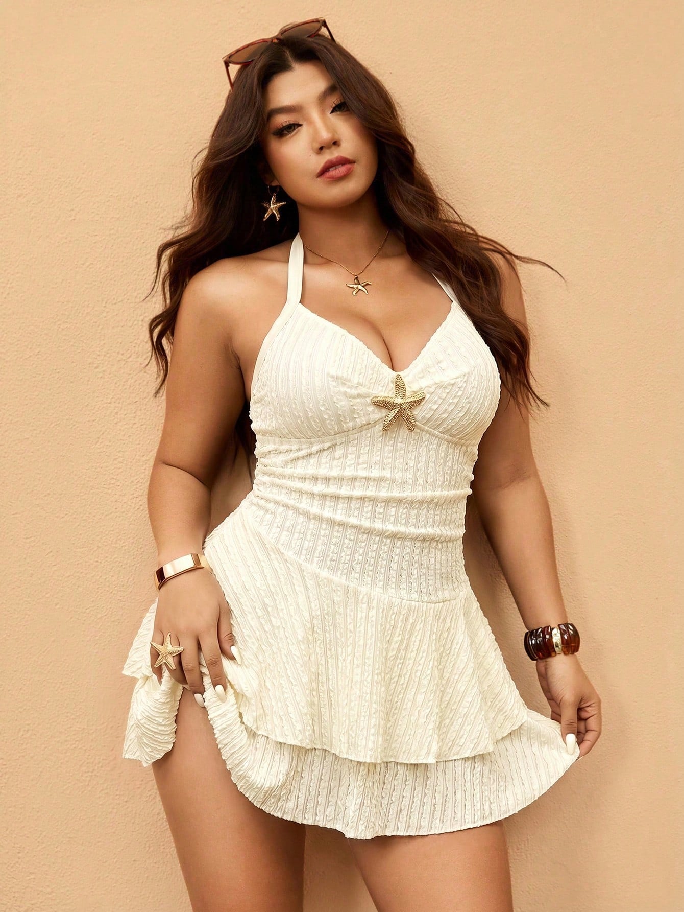 Elaquor Plus Size Women Textured Starfish Metal Decor Ruched Double Layer Hem Halter Swimsuit Set Summer Beach Vacation