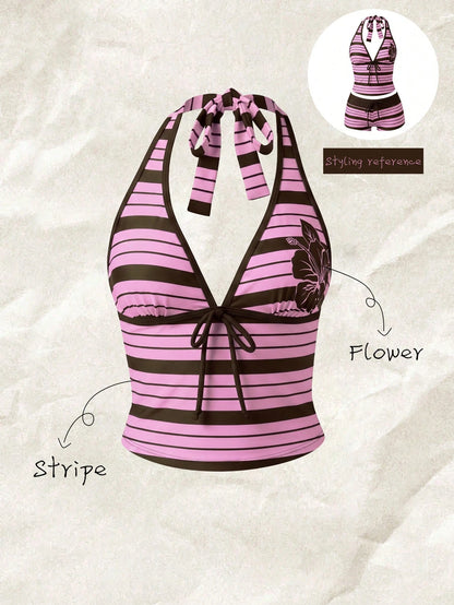 Elavelle Women's Spring/Summer Random Print Spaghetti Strap Bow Tank Bikini Top