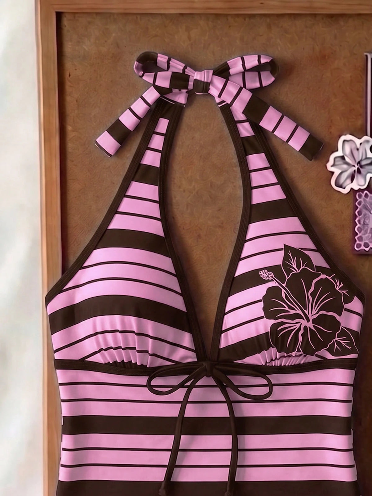 Elavelle Women's Spring/Summer Random Print Spaghetti Strap Bow Tank Bikini Top