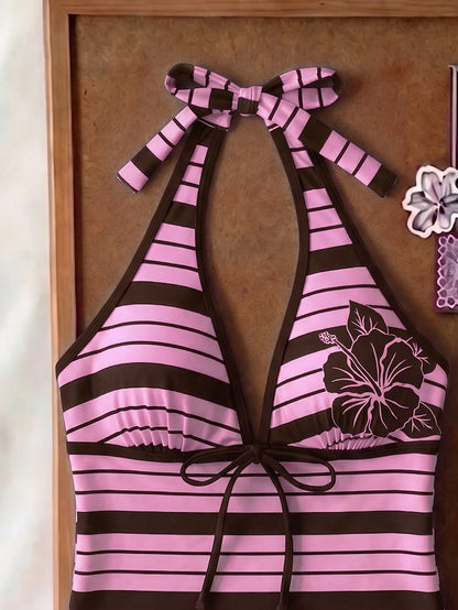 Elavelle Women's Spring/Summer Random Print Spaghetti Strap Bow Tank Bikini Top
