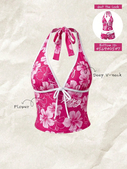 Elavelle Women's Spring/Summer Random Print Spaghetti Strap Bow Tank Bikini Top