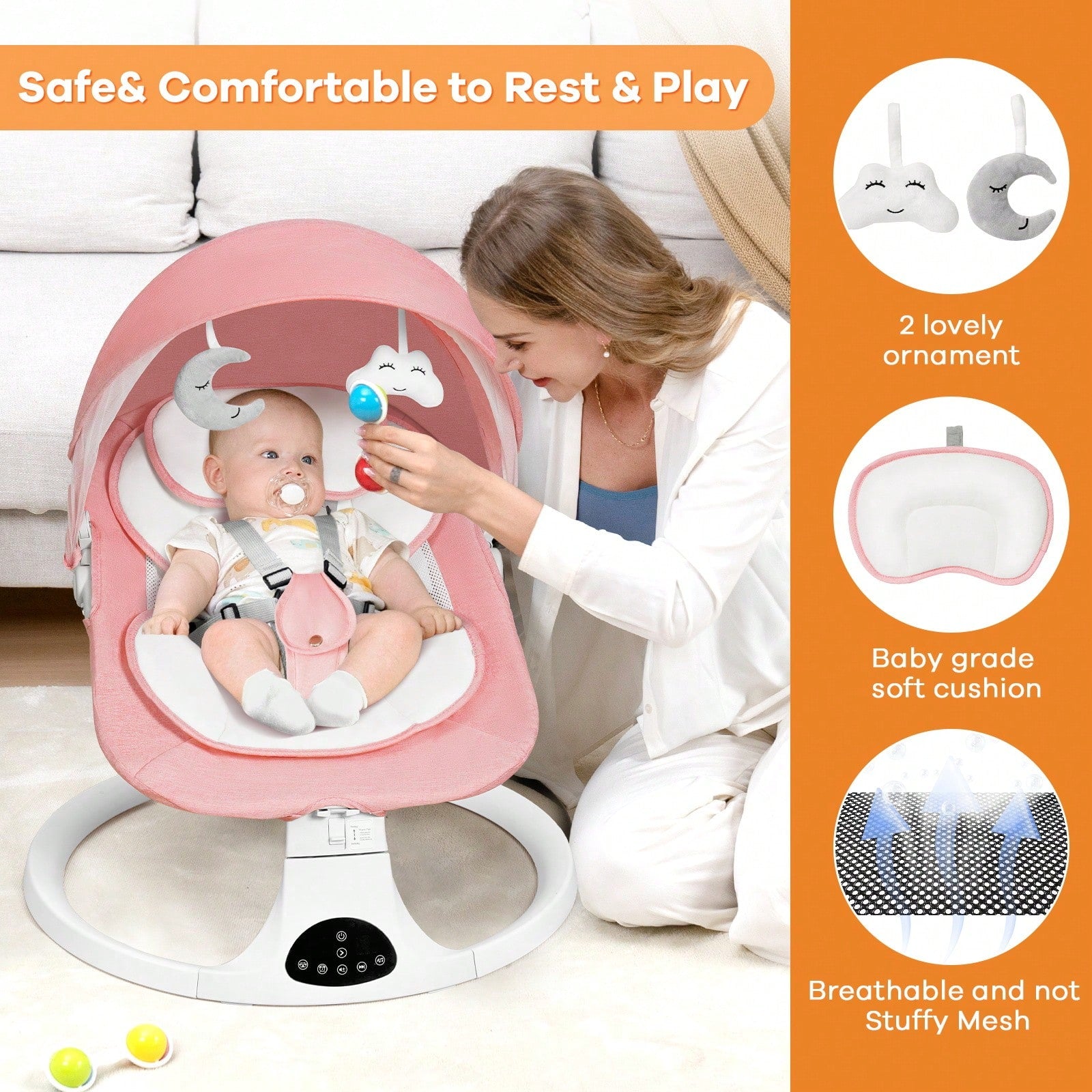 Electric Baby Swing,Baby Bouncer,Electric Cradle With Music,5Speed Auto Swing,3Position Adjustable Seat,10 Lullabies,Dual Power&Remote Control,Newborn