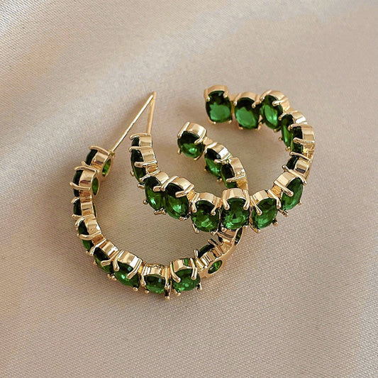 Electroplated Geometric C Hoop Earrings Sparkling Rhinestone Design Classic Color Vintage Elegant Chic Hypoallergenic Ear Accessory For Ladies