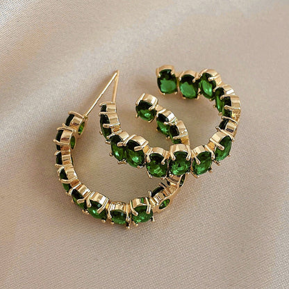 Electroplated Geometric C Hoop Earrings Sparkling Rhinestone Design Classic Color Vintage Elegant Chic Hypoallergenic Ear Accessory For Ladies
