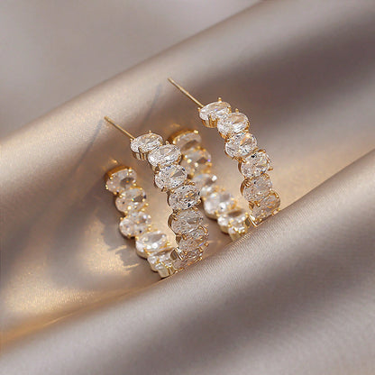 Electroplated Geometric C Hoop Earrings Sparkling Rhinestone Design Classic Color Vintage Elegant Chic Hypoallergenic Ear Accessory For Ladies