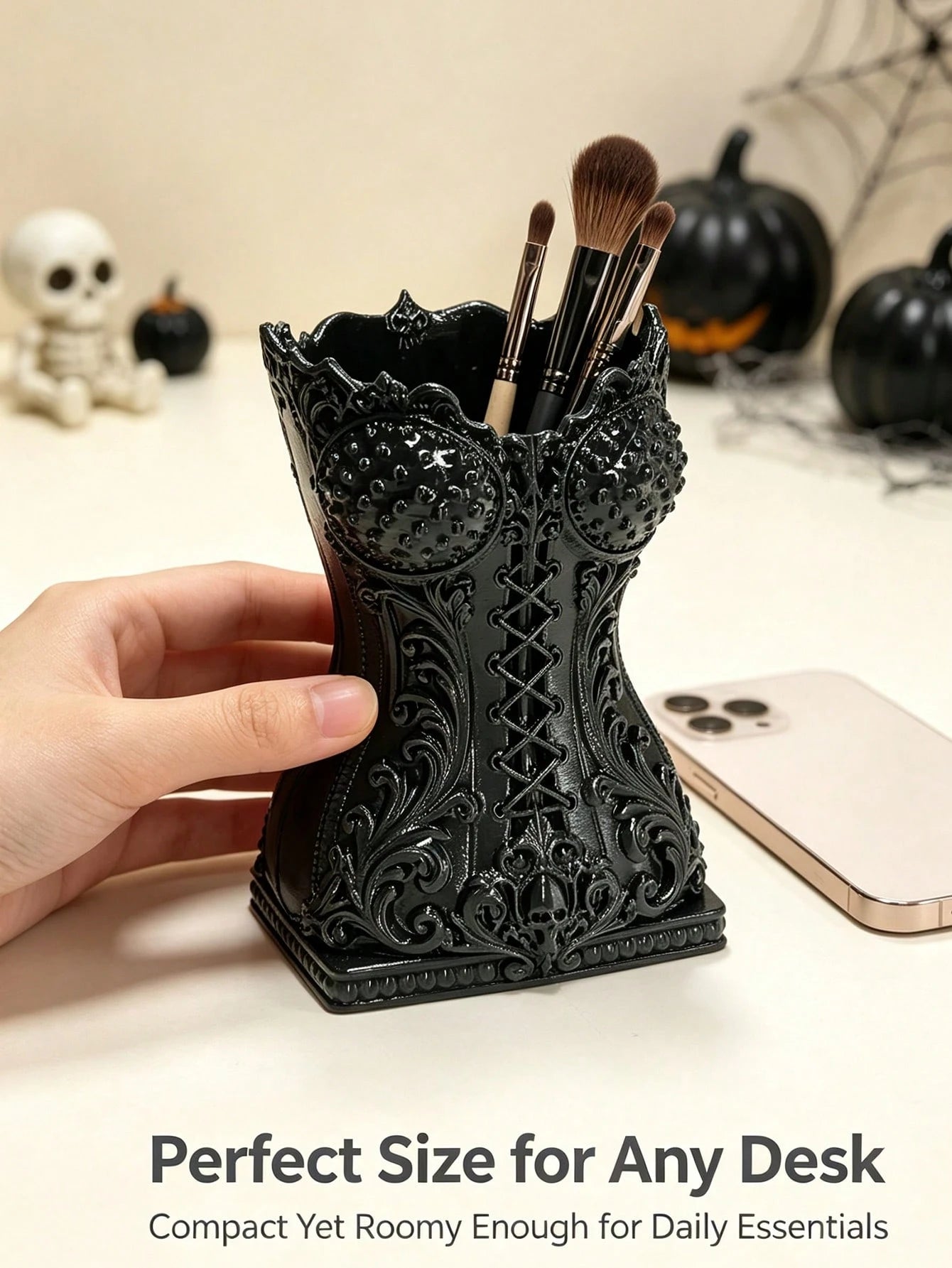 Elegant Black Gothic Corset Style Pen Holder, Decorative Storage Accessory, Vintage Embossed Skull Pattern Pencil Holder, Makeup Brush Storage Bucket, Desktop Decor Organizer, Suitable For Room Vanity