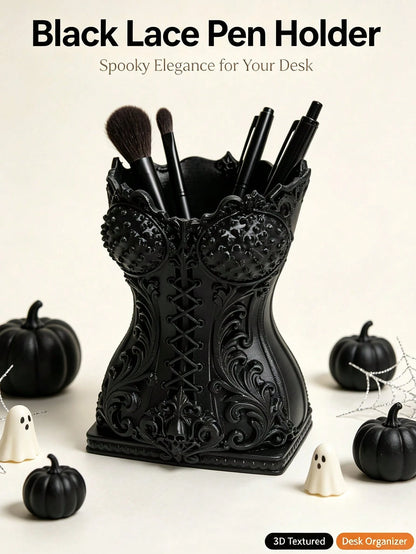 Elegant Black Gothic Corset Style Pen Holder, Decorative Storage Accessory, Vintage Embossed Skull Pattern Pencil Holder, Makeup Brush Storage Bucket, Desktop Decor Organizer, Suitable For Room Vanity