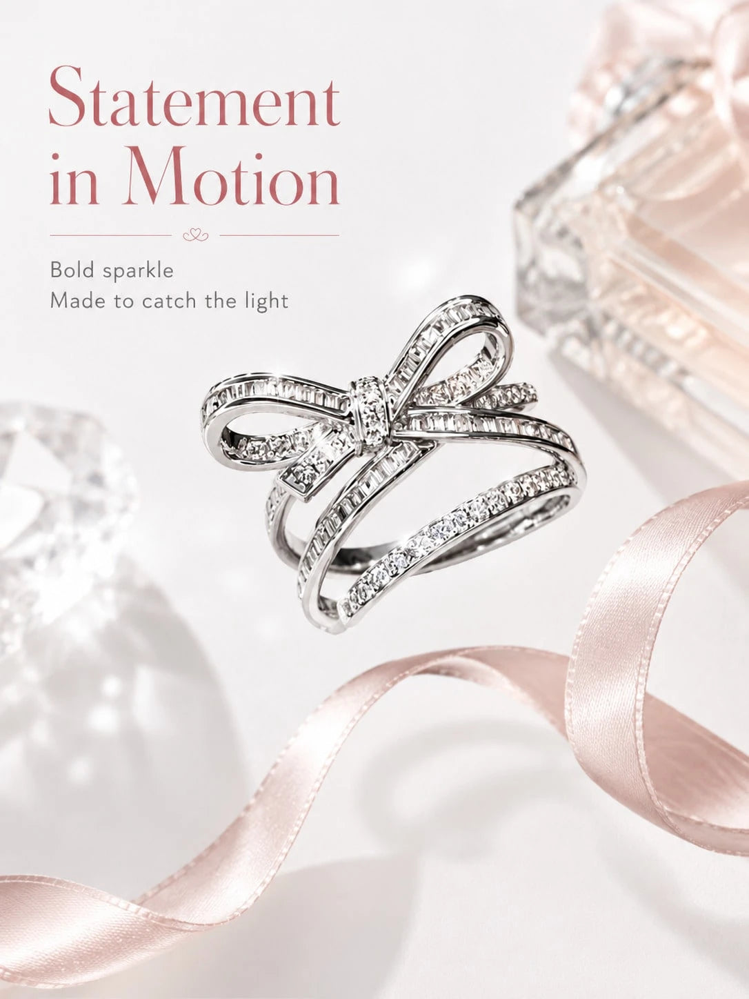 Elegant Bow Statement Ring For Women, Sparkling Ribbon Design Ring, Chic Gift Jewelry For Party, Date Night And Everyday Style