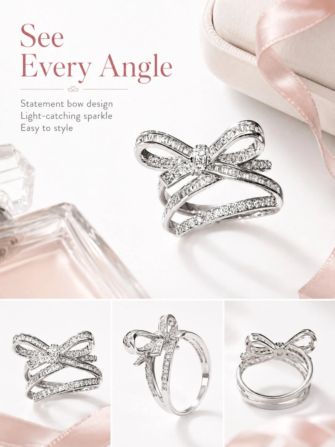 Elegant Bow Statement Ring For Women, Sparkling Ribbon Design Ring, Chic Gift Jewelry For Party, Date Night And Everyday Style
