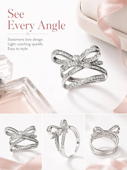 Elegant Bow Statement Ring For Women, Sparkling Ribbon Design Ring, Chic Gift Jewelry For Party, Date Night And Everyday Style