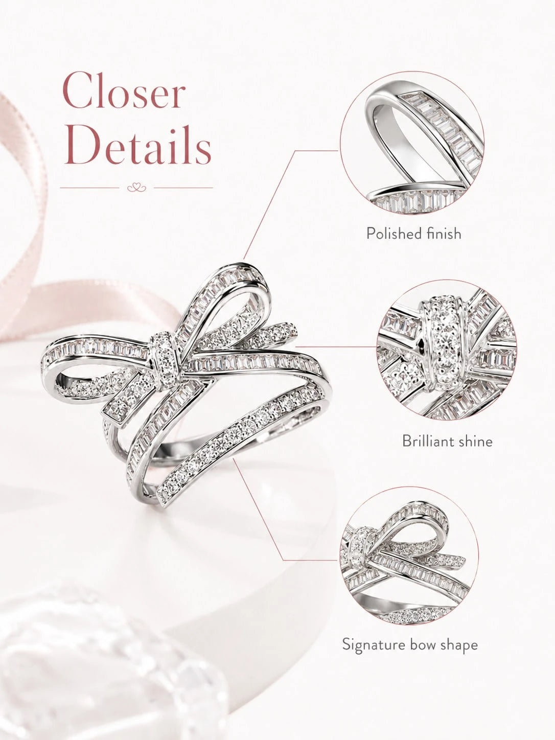 Elegant Bow Statement Ring For Women, Sparkling Ribbon Design Ring, Chic Gift Jewelry For Party, Date Night And Everyday Style
