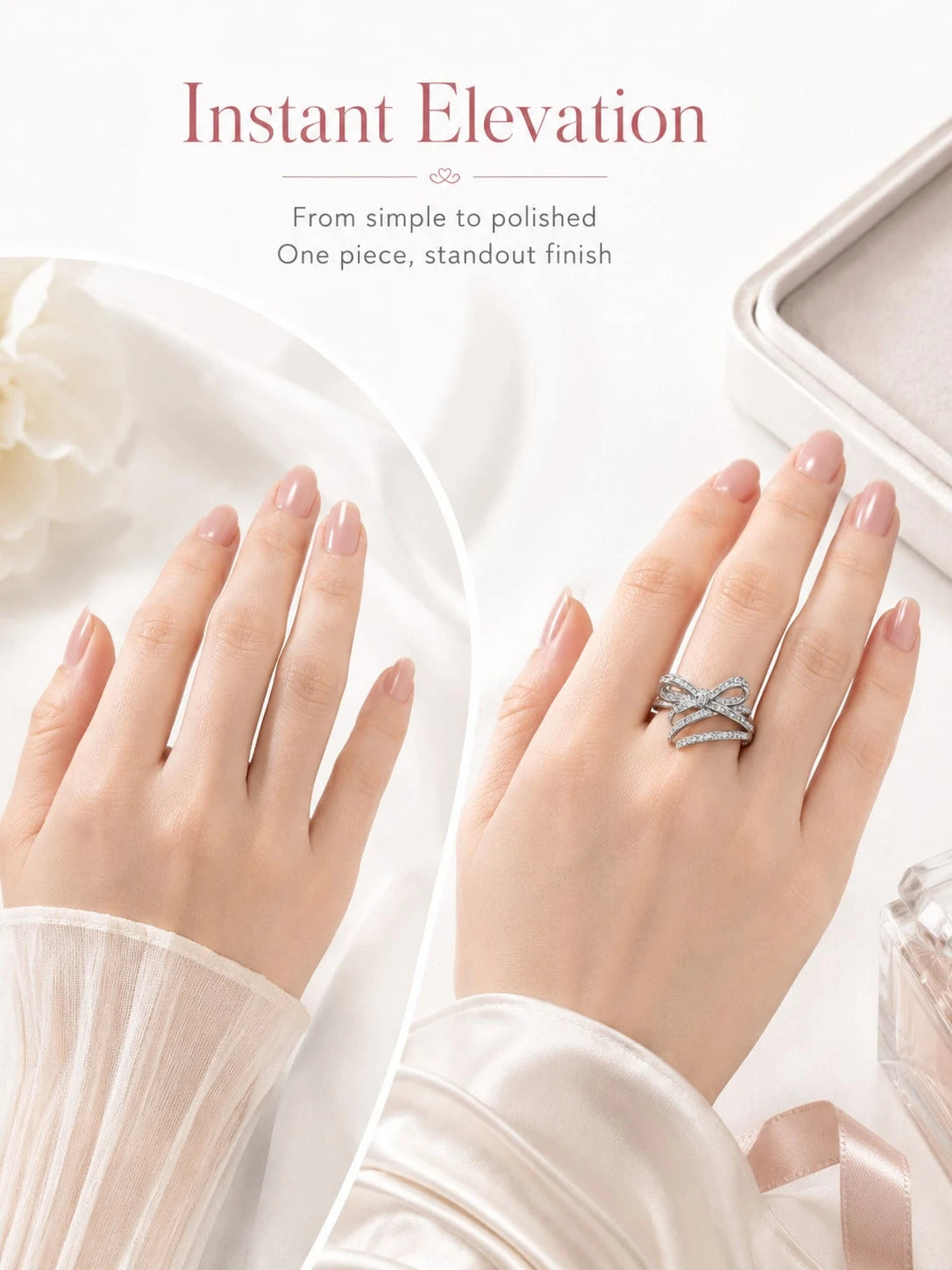 Elegant Bow Statement Ring For Women, Sparkling Ribbon Design Ring, Chic Gift Jewelry For Party, Date Night And Everyday Style
