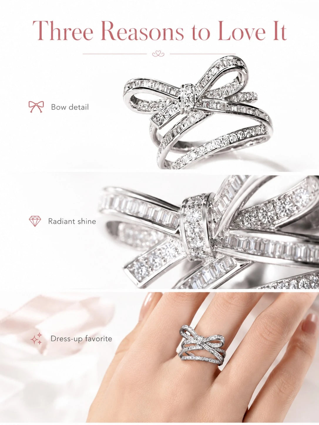 Elegant Bow Statement Ring For Women, Sparkling Ribbon Design Ring, Chic Gift Jewelry For Party, Date Night And Everyday Style