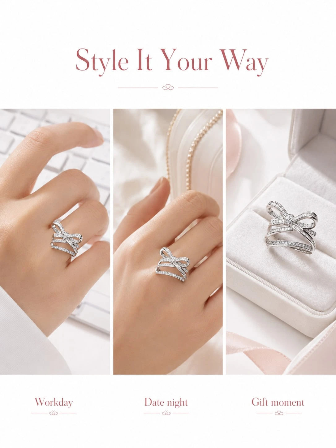 Elegant Bow Statement Ring For Women, Sparkling Ribbon Design Ring, Chic Gift Jewelry For Party, Date Night And Everyday Style