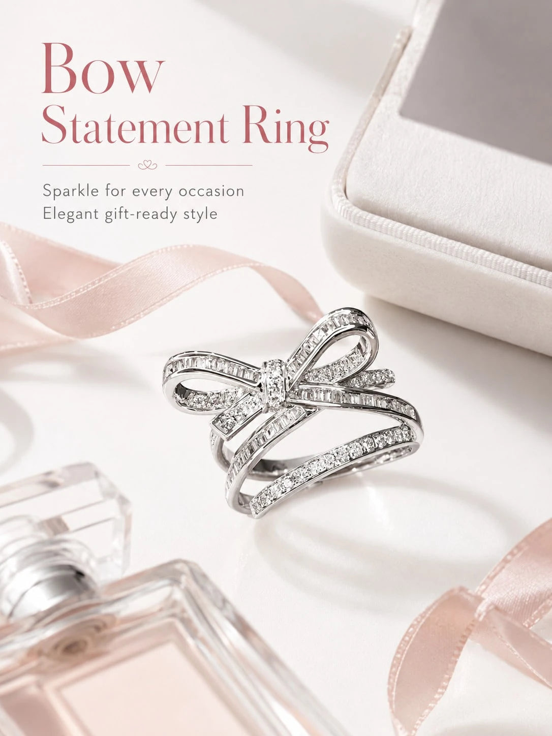 Elegant Bow Statement Ring For Women, Sparkling Ribbon Design Ring, Chic Gift Jewelry For Party, Date Night And Everyday Style