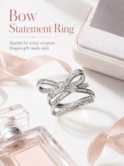 Elegant Bow Statement Ring For Women, Sparkling Ribbon Design Ring, Chic Gift Jewelry For Party, Date Night And Everyday Style