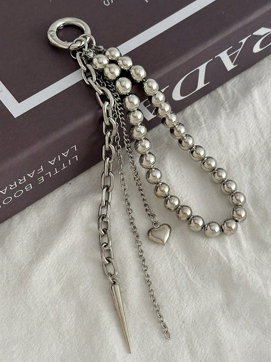 Elegant Metal Faux Pearl Beaded Keychain With Heart Tassel Decor, Jewelry Accessory, Personalized Gift, Funny Gift, Gift For Boyfriend, Phone Charm