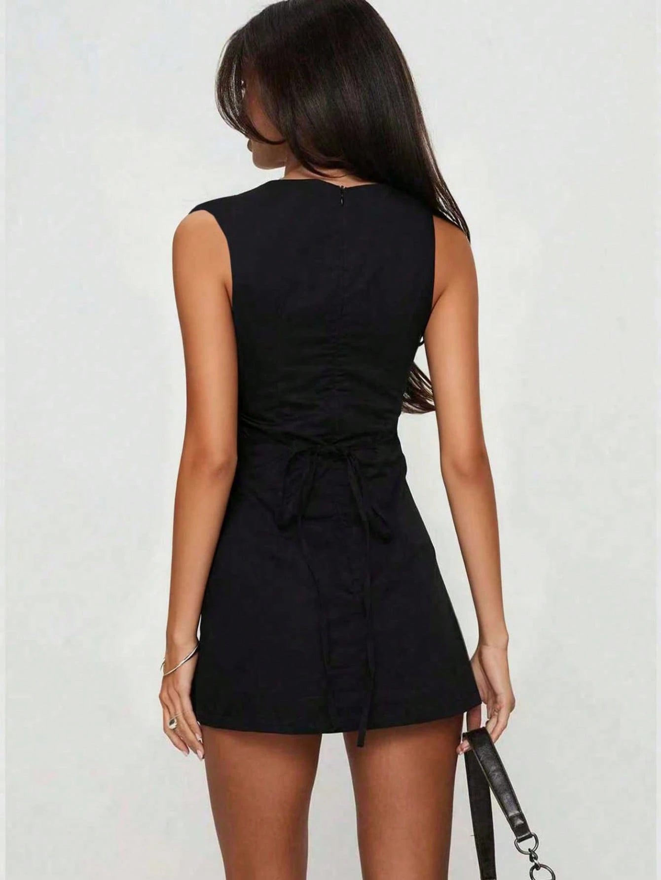 Elegant Sleeveless Round Neck Backless Tie Design Fitted Knit Dress, Spring/Summer New Women Dress Black