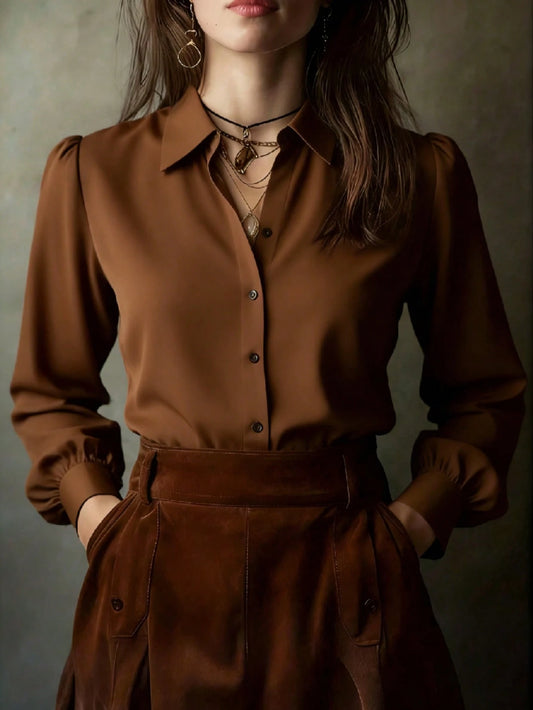 Elegant Solid Color Women's Long Sleeve Shirt, Versatile Casual Blouse For All Seasons Spring
