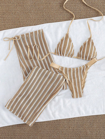 Elegant Women's Striped Knit Bikini Swimwear Set Featuring Halter Neck Top And Matching Wide-Leg Pants, Perfect For Beach Holidays Vacation Summer